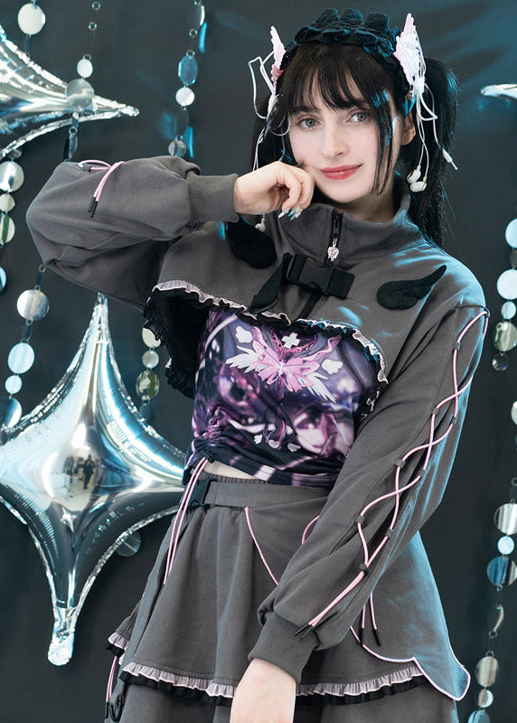 ACDC Rag Capsule Bunny Heart Hack Grey/Pink Crop Jacket in grey with mock neck and heart charm zipper pull on rave festival crop jacket — worn front view