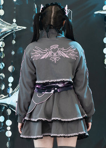 ACDC Rag Capsule Bunny Heart Hack Grey/Pink Crop Jacket in grey with embroidered pink angel wing graphic on rave festival crop jacket — worn back view