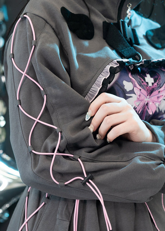 ACDC Rag Capsule Bunny Heart Hack Grey/Pink Crop Jacket in grey with pink lace-up cord sleeve detailing on rave festival crop jacket — sleeve lace-up detail