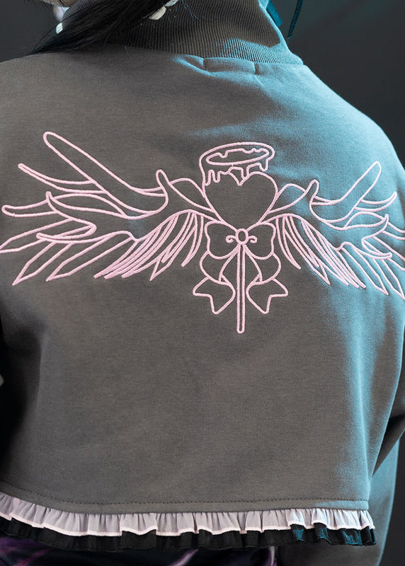 ACDC Rag Capsule Bunny Heart Hack Grey/Pink Crop Jacket in grey with embroidered pink angel wing graphic on rave festival crop jacket — back embroidery detail