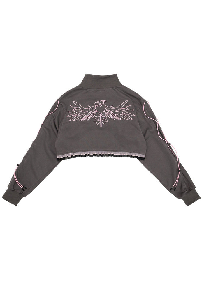 ACDC Rag Capsule Bunny Heart Hack Grey/Pink Crop Jacket in grey with black and pink ruffle trim hem on rave festival crop jacket — back flat lay