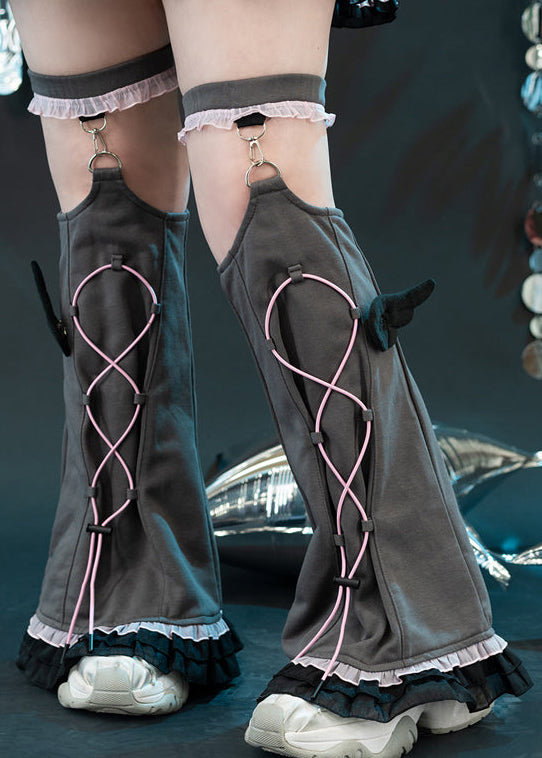 ACDC Rag Capsule Bunny Heart Hack Grey/Pink Leg Warmer in grey with attached garter clips on rave festival leg warmer — worn view