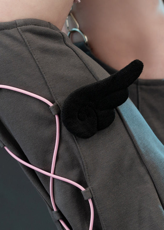 ACDC Rag Capsule Bunny Heart Hack Grey/Pink Leg Warmer in grey with cyber-style pink lace-up drawcord on rave festival leg warmer — drawcord detail