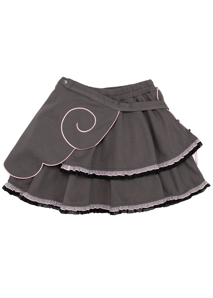 ACDC Rag Capsule Bunny Heart Hack Grey/Pink Skirt in grey with embroidered pink angel wing swirl on rave festival skirt — front flat lay