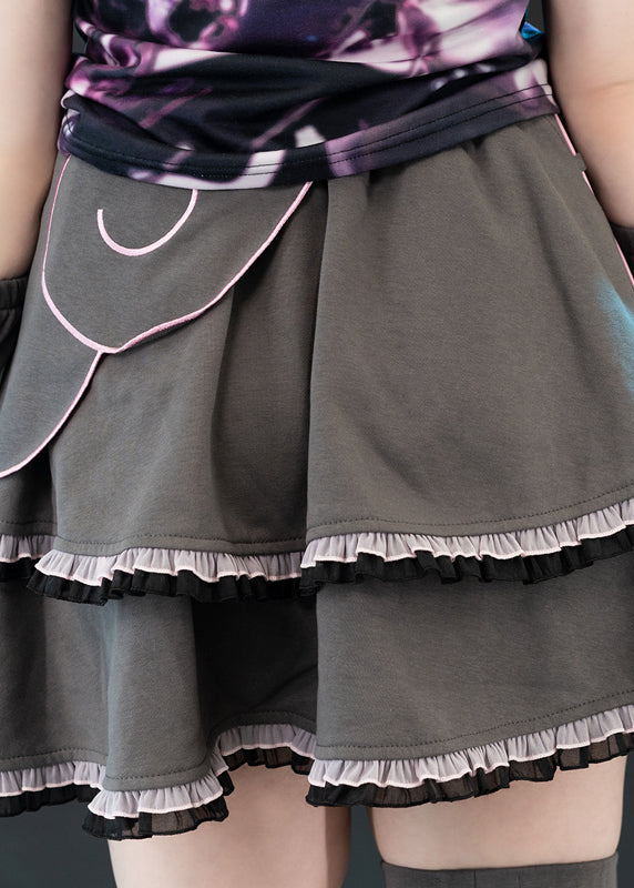 ACDC Rag Capsule Bunny Heart Hack Grey/Pink Skirt in grey with layered black and pink ruffle hem on rave festival skirt — worn back view