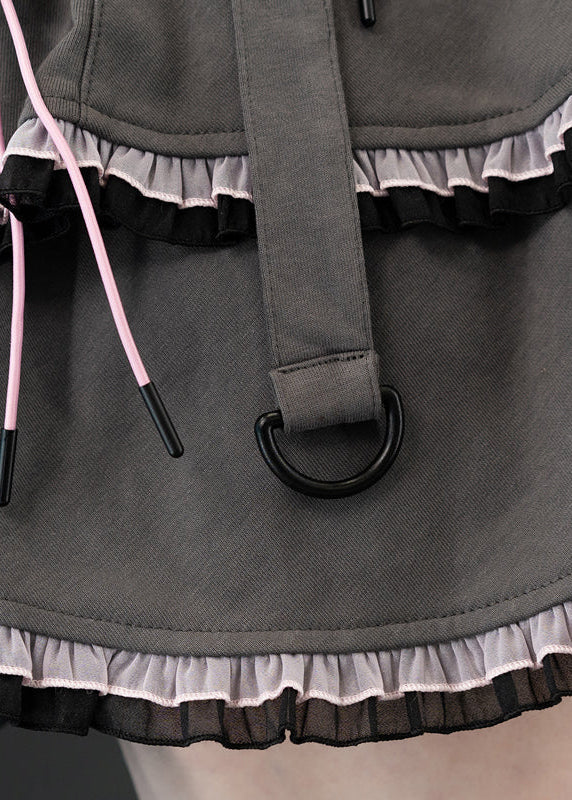 ACDC Rag Capsule Bunny Heart Hack Grey/Pink Skirt in grey with black and pink mesh ruffle trim on rave festival skirt — ruffle trim detail