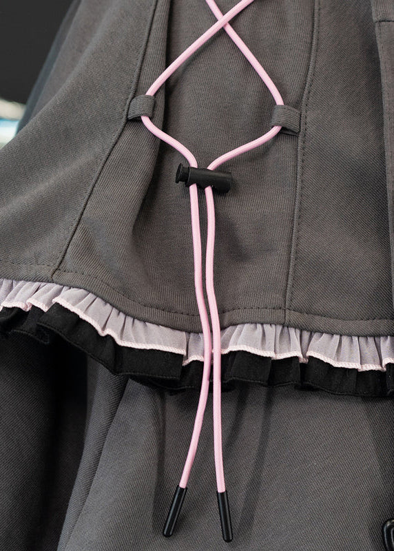 ACDC Rag Capsule Bunny Heart Hack Grey/Pink Skirt in grey with cyber-style pink drawcord ties on rave festival skirt — drawcord hardware detail