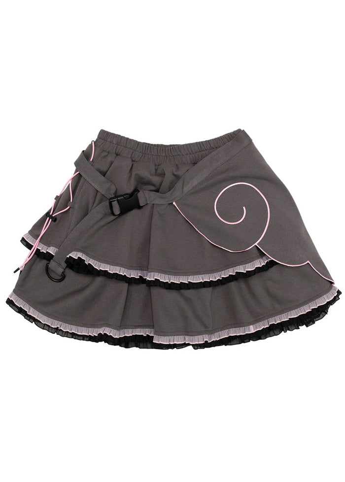 ACDC Rag Capsule Bunny Heart Hack Grey/Pink Skirt in grey with layered black and pink ruffle hem on rave festival skirt — back flat lay