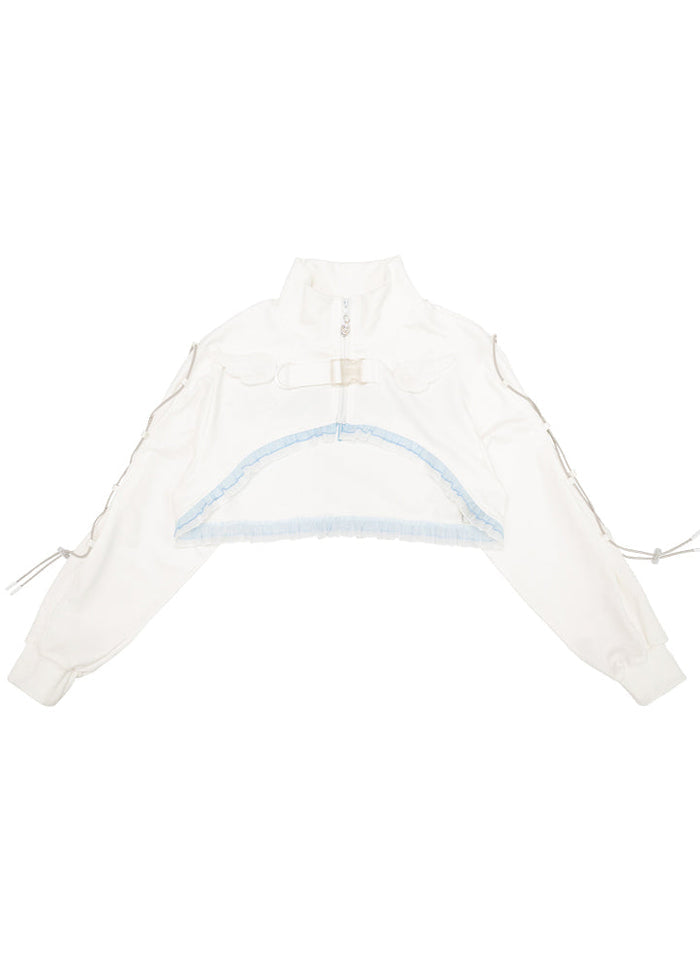 ACDC Rag Capsule Bunny Heart Hack White/Pastel Blue Crop Jacket in white with removable angel wing pin on rave festival crop jacket — front flat lay