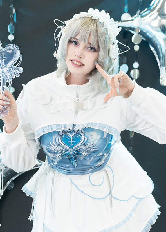 ACDC Rag Capsule Bunny Heart Hack White/Pastel Blue Crop Jacket in white with mock neck and heart charm zipper pull on rave festival crop jacket — worn front view