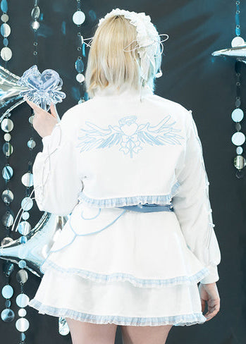 ACDC Rag Capsule Bunny Heart Hack White/Pastel Blue Crop Jacket in white with embroidered angel wing graphic on rave festival crop jacket — worn back view