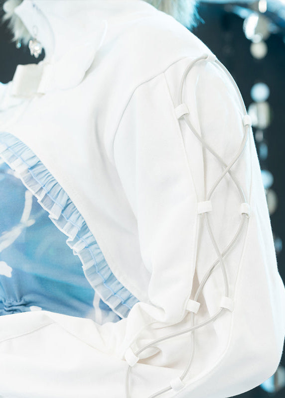 ACDC Rag Capsule Bunny Heart Hack White/Pastel Blue Crop Jacket in white with lace-up cord sleeve detailing on rave festival crop jacket — sleeve lace-up detail