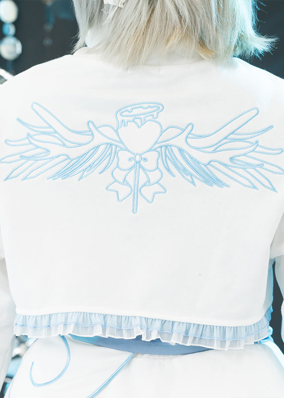 ACDC Rag Capsule Bunny Heart Hack White/Pastel Blue Crop Jacket in white with embroidered angel wing graphic on rave festival crop jacket — back embroidery detail