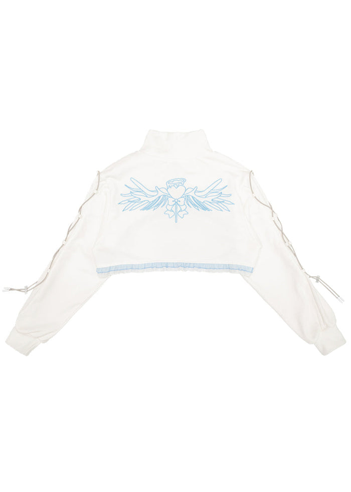 ACDC Rag Capsule Bunny Heart Hack White/Pastel Blue Crop Jacket in white with pastel blue ruffle trim hem on rave festival crop jacket — back flat lay