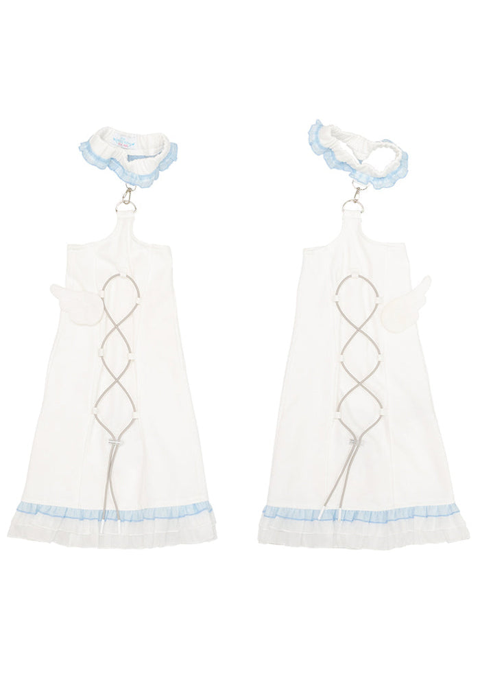 ACDC Rag Capsule Bunny Heart Hack White/Pastel Blue Leg Warmer in white with pastel blue ruffle hem on rave festival leg warmer — back flat lay, pair