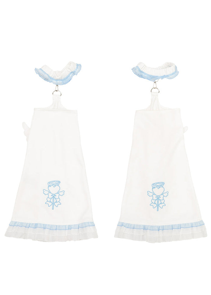 ACDC Rag Capsule Bunny Heart Hack White/Pastel Blue Leg Warmer in white with attached garter clips on rave festival leg warmer — front flat lay, pair