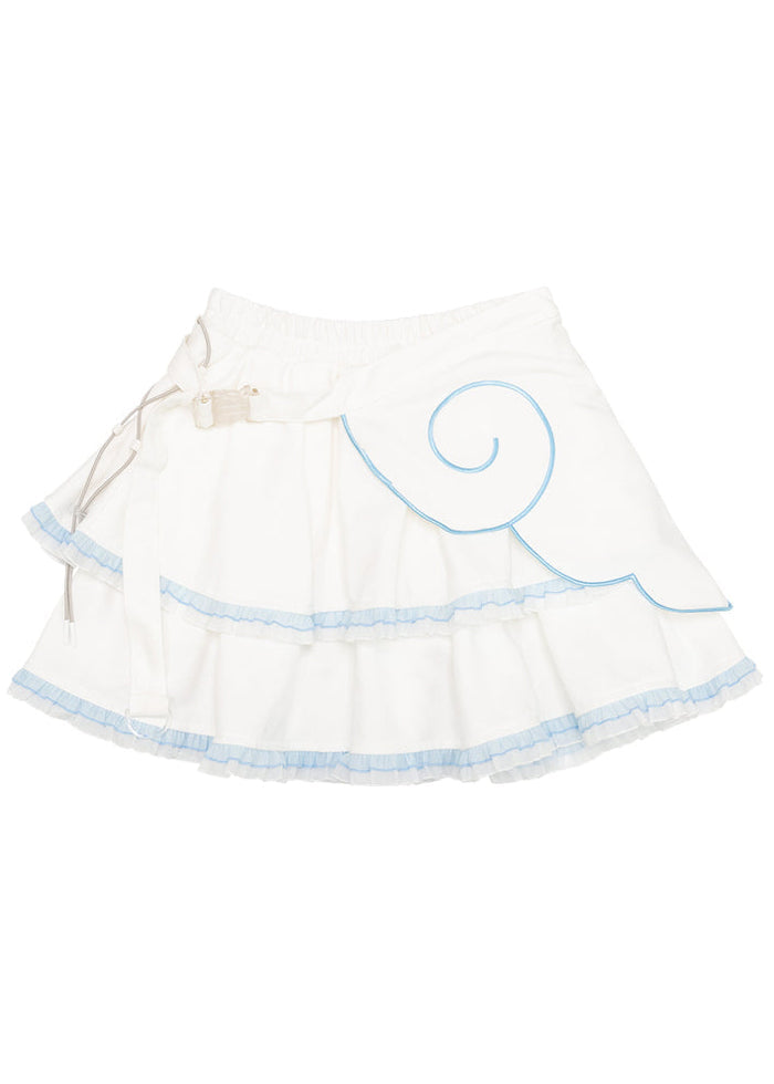 ACDC Rag Capsule Bunny Heart Hack White/Pastel Blue Skirt in white with embroidered angel wing swirl on rave festival skirt — front flat lay