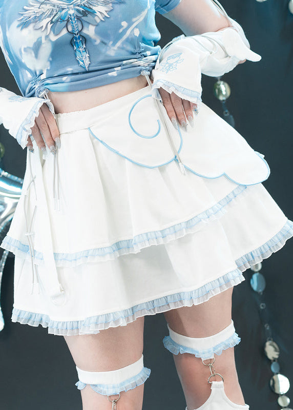 ACDC Rag Capsule Bunny Heart Hack White/Pastel Blue Skirt in white with layered ruffle hem on rave festival skirt — worn front view