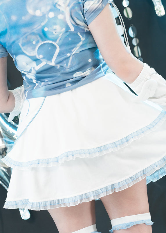 ACDC Rag Capsule Bunny Heart Hack White/Pastel Blue Skirt in white with layered ruffle hem on rave festival skirt — worn back view