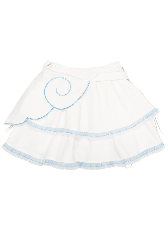 ACDC Rag Capsule Bunny Heart Hack White/Pastel Blue Skirt in white with layered ruffle hem on rave festival skirt — back flat lay