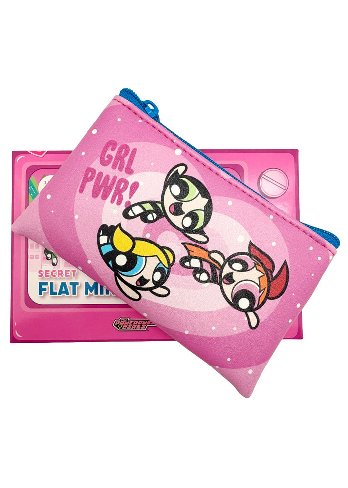 Cartoon Network Powerpuff Girls Mini Pouch Blind Box in pink with surprise Blossom Bubbles Buttercup character on vegan leather kawaii rave cute wallet pouch — detail view