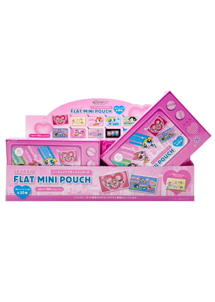 Cartoon Network Powerpuff Girls Mini Pouch Blind Box in pink with surprise Blossom Bubbles Buttercup character on vegan leather kawaii rave cute wallet pouch — box view