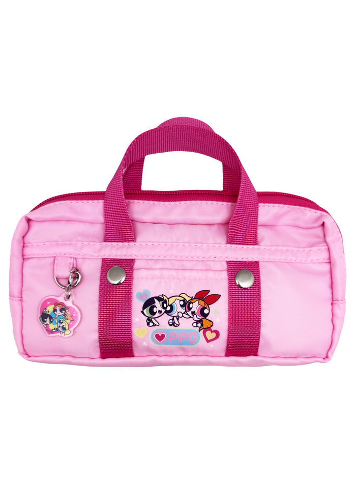 Cartoon Network Powerpuff Girls Pink Nylon Duffle Cosmetic Bag in pink with Blossom Bubbles Buttercup printed sporty duffle design on nylon rave festival makeup bag — front view