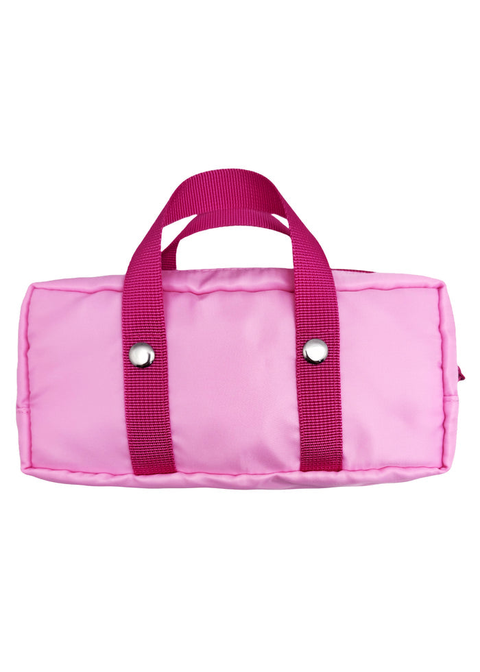 Cartoon Network Powerpuff Girls Pink Nylon Duffle Cosmetic Bag in pink with Blossom Bubbles Buttercup printed sporty duffle design on nylon rave festival makeup bag — back view