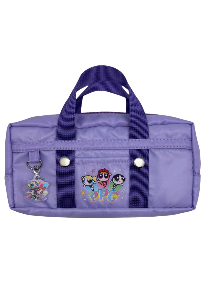 Cartoon Network Powerpuff Girls Purple Nylon Duffle Cosmetic Bag in purple with Blossom Bubbles Buttercup printed sporty duffle design on nylon rave festival makeup bag — front view