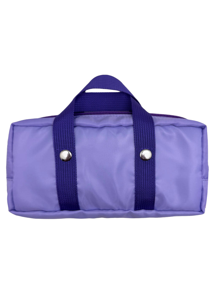 Cartoon Network Powerpuff Girls Purple Nylon Duffle Cosmetic Bag in purple with Blossom Bubbles Buttercup printed sporty duffle design on nylon rave festival makeup bag — back view