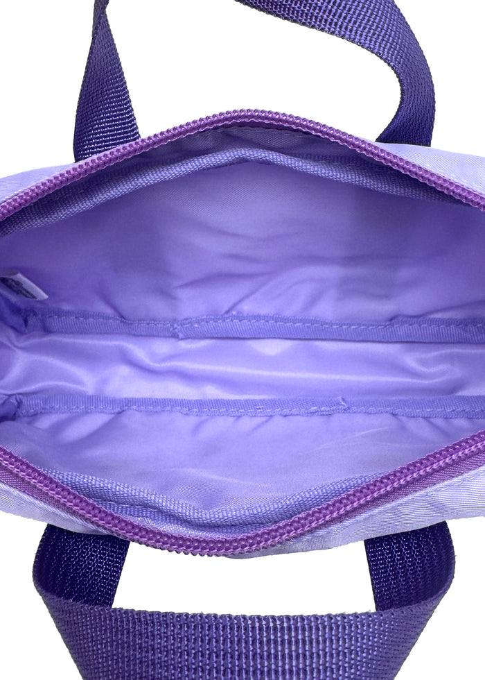 Cartoon Network Powerpuff Girls Purple Nylon Duffle Cosmetic Bag in purple with Blossom Bubbles Buttercup printed sporty duffle design on nylon rave festival makeup bag — detail view