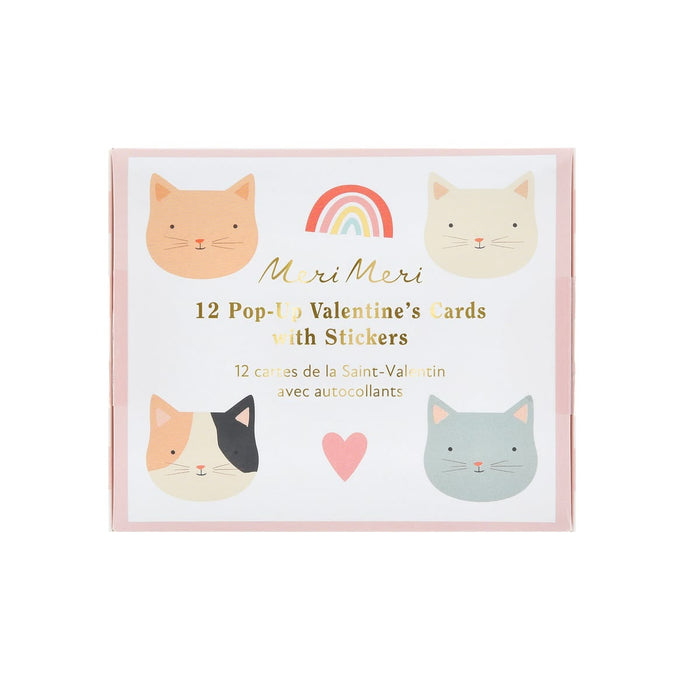 Pack of 12 Valentine's Day cards with stickers featuring cat illustrations on a white background.