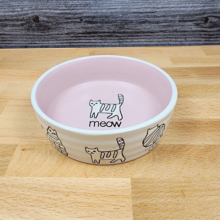 Cat Water or Food Bowl Embossed Treat Dish in Pink and White By Blue Sky