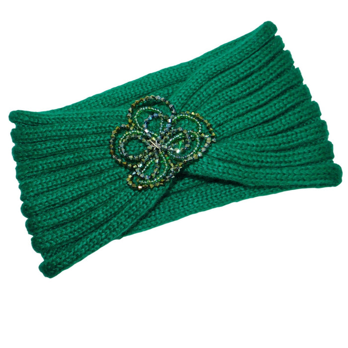 CC Exclusives Green Knitted Turban Headband Beaded Flower Embellishment0
