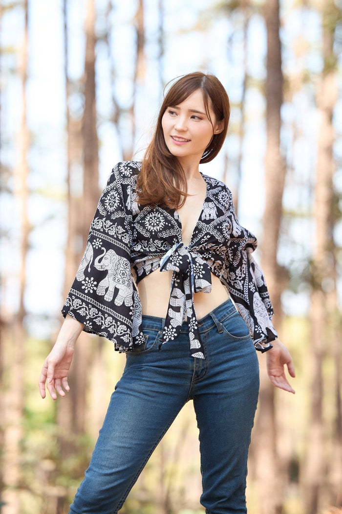 Chain Elephant Women Boho Wrap Top - Casual Shirt - Black - Lannaclothesdesign Shop