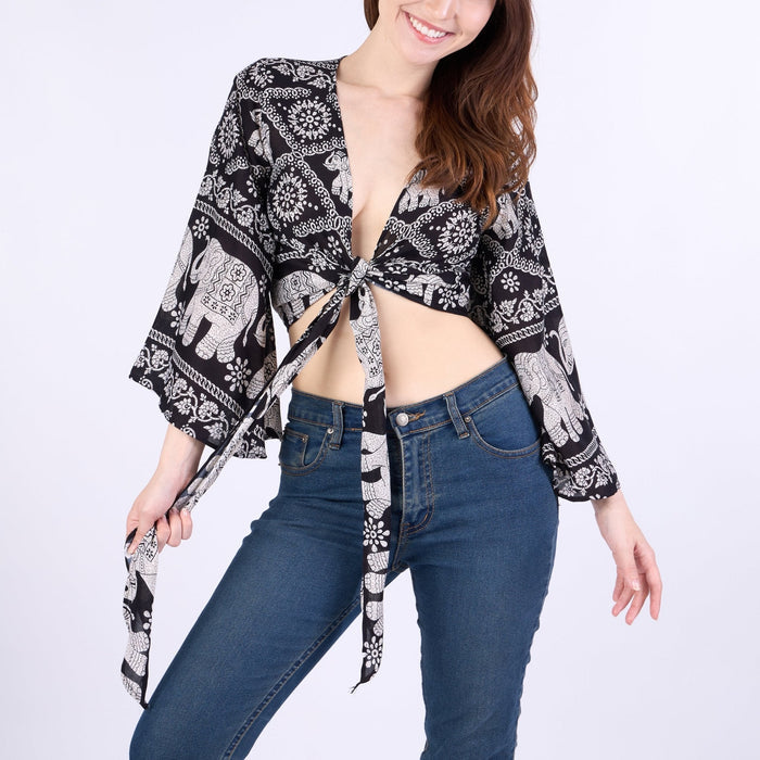 Chain Elephant Women Boho Wrap Top - Casual Shirt - Black - Lannaclothesdesign Shop