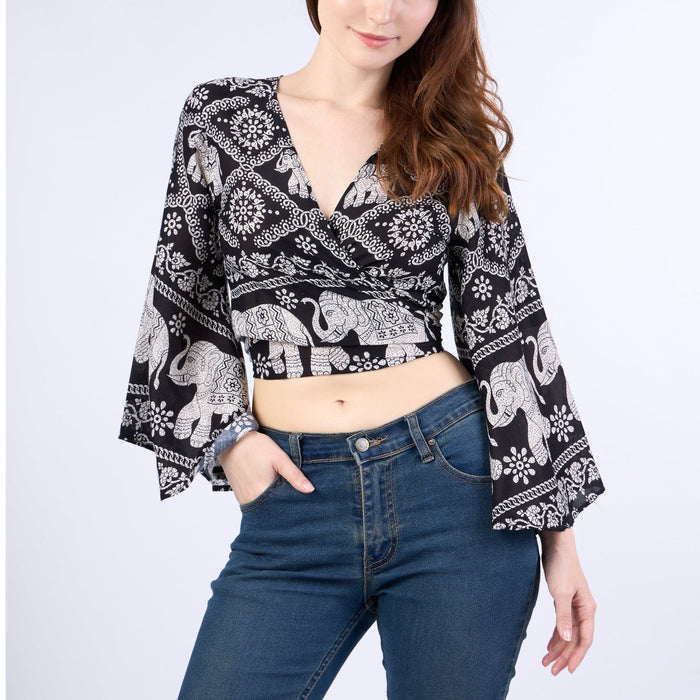 Chain Elephant Women Boho Wrap Top - Casual Shirt - Black - Lannaclothesdesign Shop