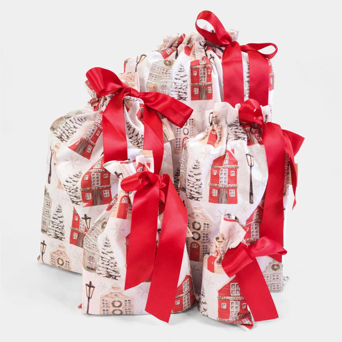 Waste Free Celebrations Christmas Cottages Reusable Gift Bag Set