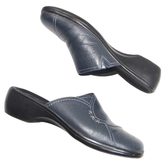 Clarks Womens Navy Leather Slip On Clogs Mules Shoes Size 7 M Style 846 160