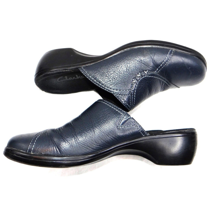 Clarks Womens Navy Leather Slip On Clogs Mules Shoes Size 7 M Style 846 161