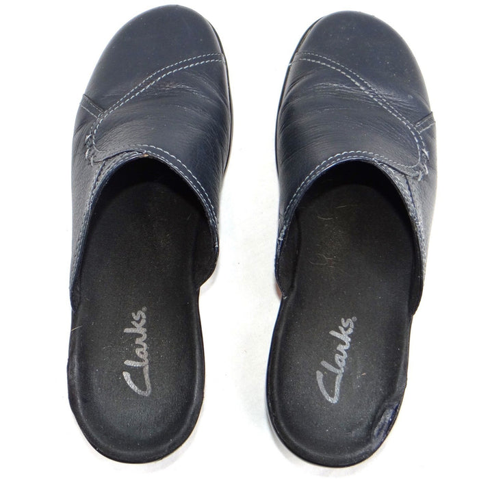 Clarks Womens Navy Leather Slip On Clogs Mules Shoes Size 7 M Style 846 164