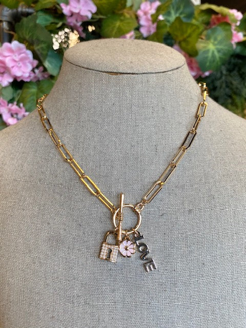 Cluster Charm Lock Flower Love Toggle Necklace