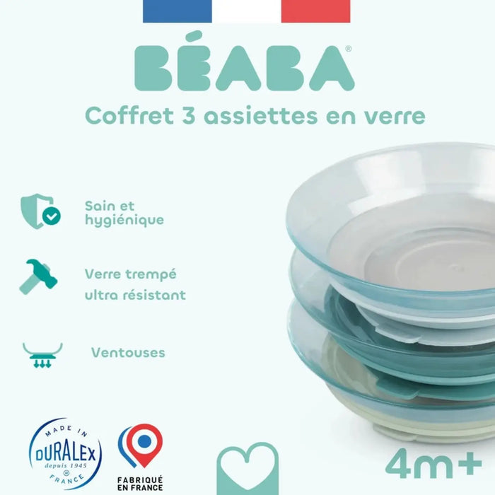 Coffret de 3 assiettes en verre Béaba x Duralex – Misty Green