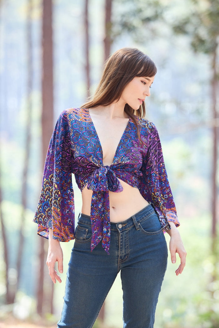 Colorful Peacock Women Boho Wrap Top - Casual Shirt - Purple - Lannaclothesdesign Shop