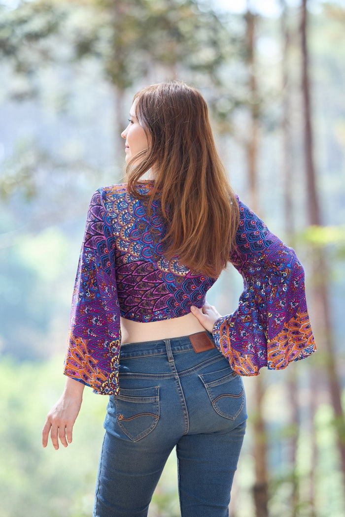 Colorful Peacock Women Boho Wrap Top - Casual Shirt - Purple - Lannaclothesdesign Shop
