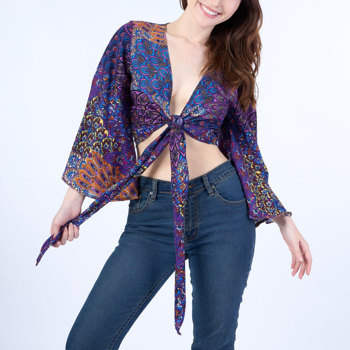 Colorful Peacock Women Boho Wrap Top - Casual Shirt - Purple - Lannaclothesdesign Shop
