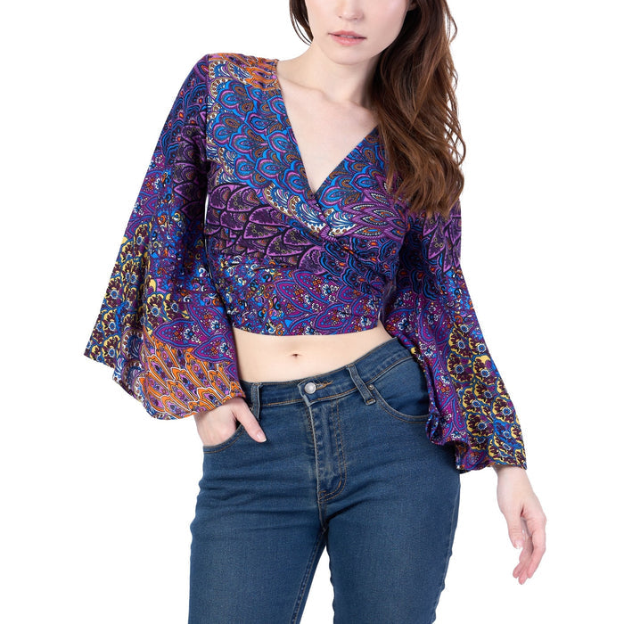 Colorful Peacock Women Boho Wrap Top - Casual Shirt - Purple - Lannaclothesdesign Shop