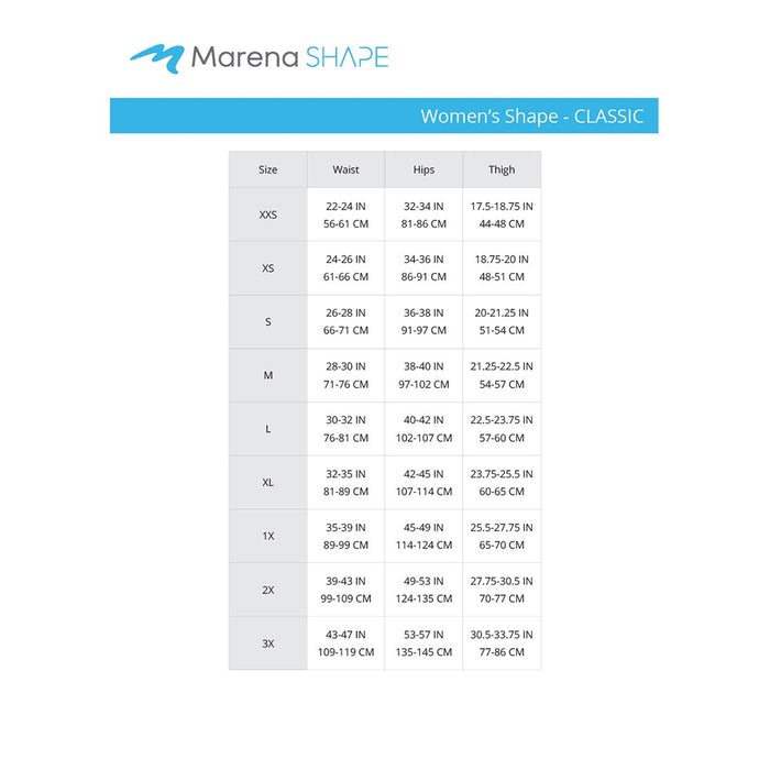 Marena Women's Shape Classic size chart, waist, hips, thighs point of measure