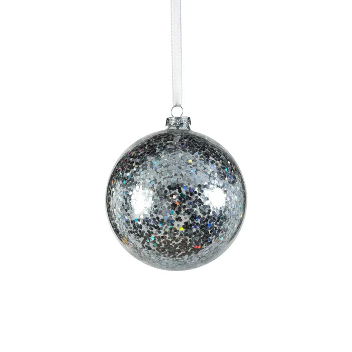 CONFETTI GLASS BALL ORNAMENT- SILVER 4.75"