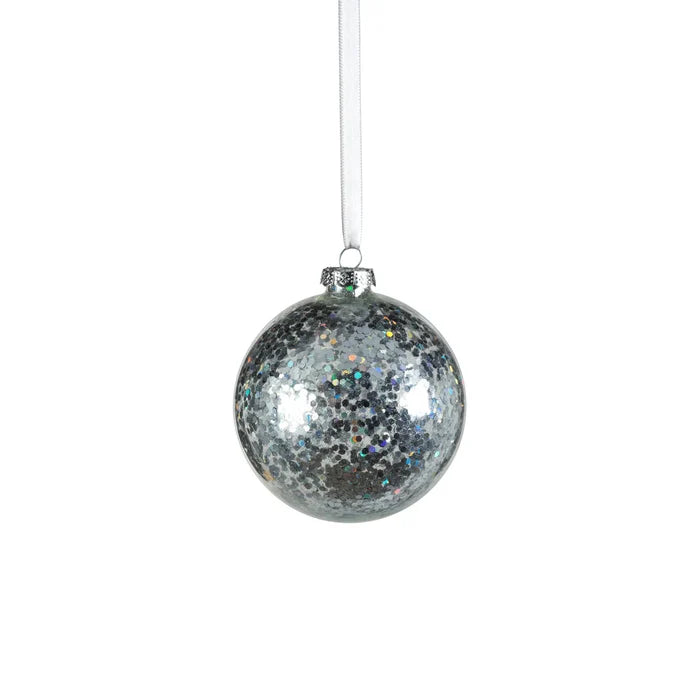 CONFETTI GLASS BALL ORNAMENT- SILVER4"